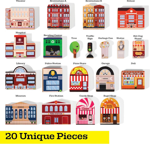 20 Set Community Pc Wooden City Play - Wooden Town Buildings and Street Signs for Play Mats, Toy Cars and Trains