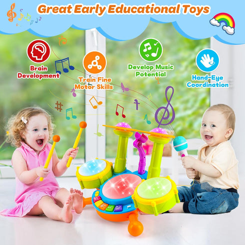 Kids Drum Set for Toddlers 1-3, Musical Baby Toys for 1 Year Old Boy, Learning Toys with Microphone and Light