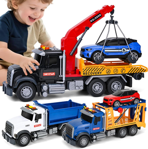 YHXKJ 3 Pack 12'' Large Trucks Toy Set,Transport Tow Truck Toy & Dump