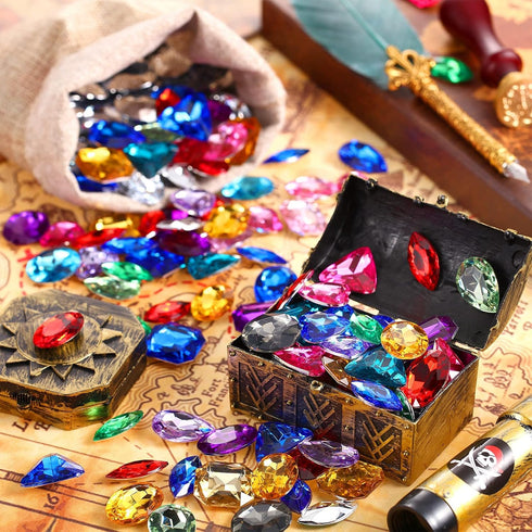 Hicarer 100 Pieces Toy Gems, Pirate Treasure Jewels, Fake Acrylic Gems with Drawstring Bag for Party Decorations