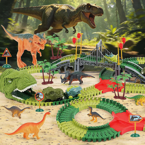 3 4 5 6 7 Playset 280+ FUNBUD Dinosaur Race Track Toys for Kids - Birthday Gifts for Boys Age Year Old, Flexible Race