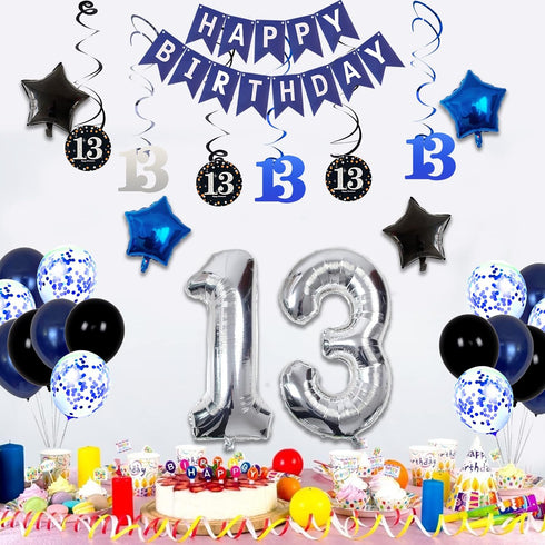 13th Birthday Decorations for Boys - Dark Blue HAPPY BIRTHDAY Banner and Silver Number 13 Balloons, Party Supplies