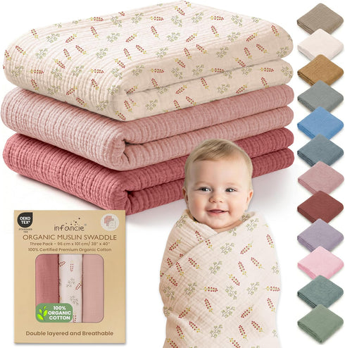 100% Organic Cotton Muslin Baby Blanket 3 Pack - Breathable Swaddle, Hypoallergenic