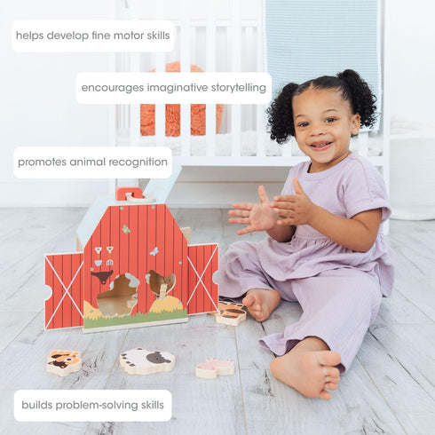 6 2 3 4 Pearhead Farm Animal Shape Sorter Wooden Barn with Chunky Animal Blocks, FSC-Certified, Flip-Up Roof & Carrying