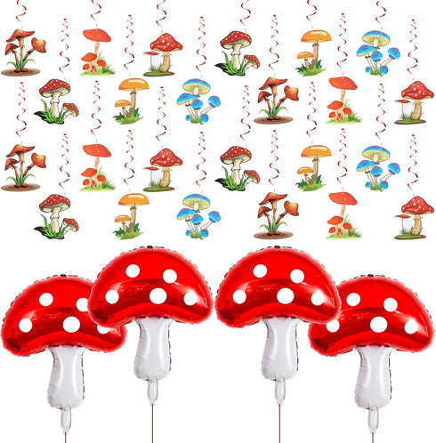 28 Pcs Mushroom Birthday Party Decorations Hanging Swirls Foil Balloons 31 x