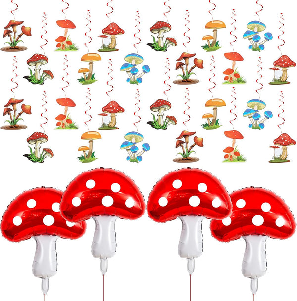 28 Pcs Mushroom Birthday Party Decorations Hanging Swirls Foil Balloons 31 x