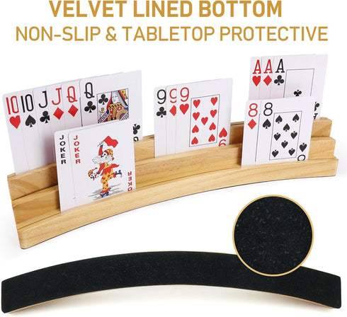 Set 4, 3-Tier LotFancy Playing Card Holders for Kids Adults Seniors, of Curved Wooden Card Holder for Family Card Game