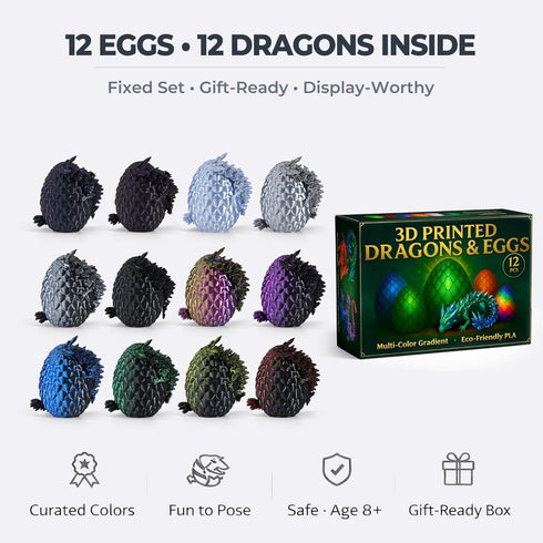 MiniMythos Toys 12 Pack 3D 12-Color Set 8+ Printed Dragon Eggs with Dragons Inside, Articulated Crystal Dragons, Dark
