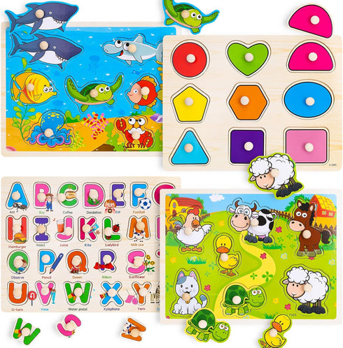 Peacurh Wooden Peg Puzzles for Toddlers 2 3 4 Year Old, 4 Pack