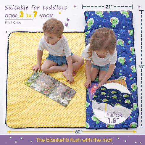 Set: Nap Mat with Pillow Blanket Sleeping Mats for Toddler Kids - Thick Large Roll up Slumber Bag for Daycare Preschool