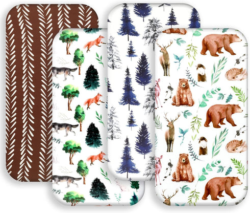 Jola's House 4 Pack Bassinet Sheets Woodland Forest Animals Wood Neutral Unisex Fitted Baby