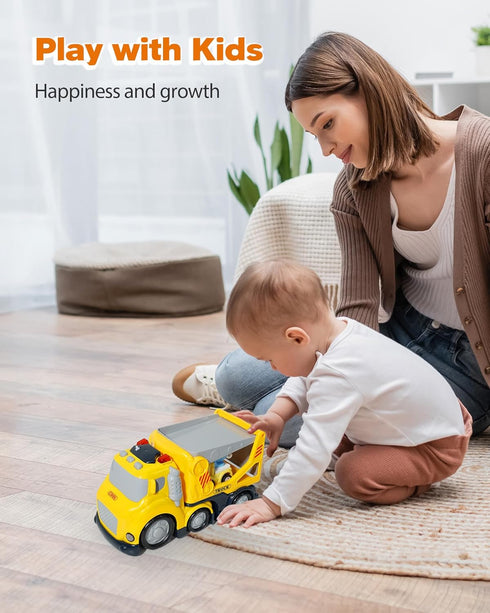 Construction Car Carrier Toys Set for 3-6 Years Old, 4 Small Cartoon Cars, Sound and Light Big Truck with Slide