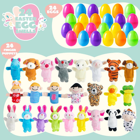 24 JOYIN Pcs Easter Eggs Filled with Finger Puppets, Prefilled Egg with Cartoon Animal Puppets for Kids Easter Hunt
