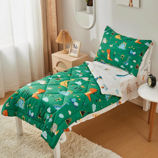 beeweed 4 Pieces Dinosaur Toddler Bedding Set Boys Girls, 2 Sides Design