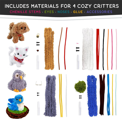 Cozy 4 WeVeel Craftworks Chenille Stem Animal Craft Kit for Adults Create Adorable Animals (Kitty, Puppy, Bird & Owl)