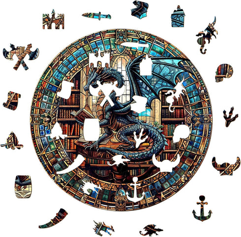 13.4 13.4in 300pcs Wooden Puzzles for Adults - The Dragon's Library Wooden Jigsaw Puzzle, Unique Animal Shaped Wood