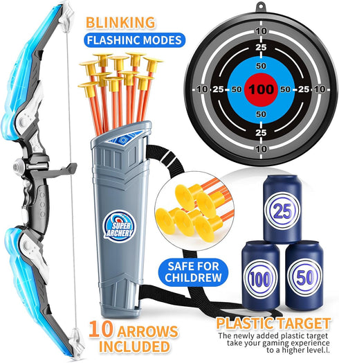TEMI Kids Bow and Arrow Set - LED Light Up Archery Toy with 10 Suction Cup Arrows, Quiver & Targets for Ages 3-12