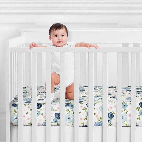 Sweet Jojo Designs Fitted Baby Jersey Crib Sheets (Pink/Blue Boho Floral) for Girls, Infant Nursery, Toddler Room