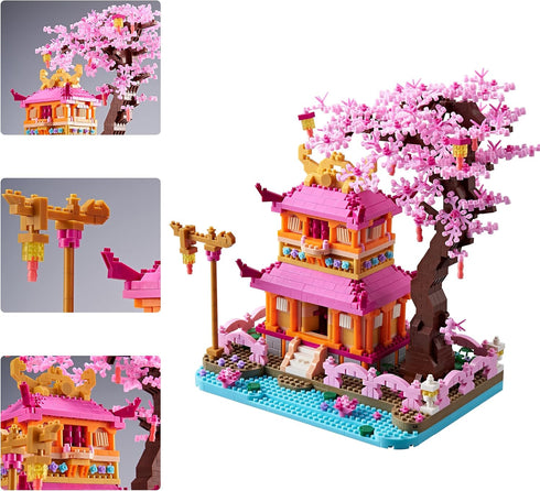 Set 14+ 1810PCS DIY Sakura Tree House Micro Building Blocks for Women Adult, Japanese Cherry Blossom Treehouse Ideal