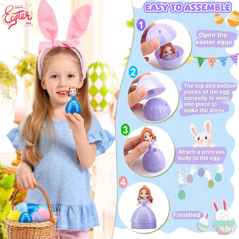 12PCS DREACAREFT Princess Easter Eggs - Prefilled Easter Eggs Filled with Princess Dolls Toys for Kids Girls Basket