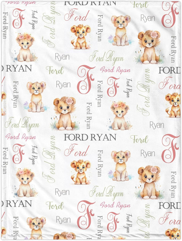 Novusopt Personalized Baby Lion Custom Blanket with Floral Design Monogrammed Receiving Blanket for