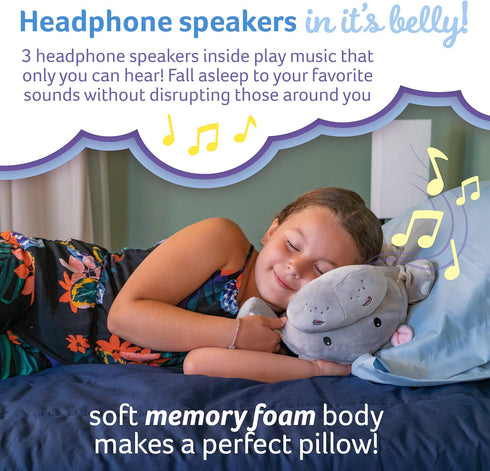 Gloria The Hippo Memory Foam 15” Pillow with Wireless Headphone Speakers for Music, Videos, or Soothing White Noise
