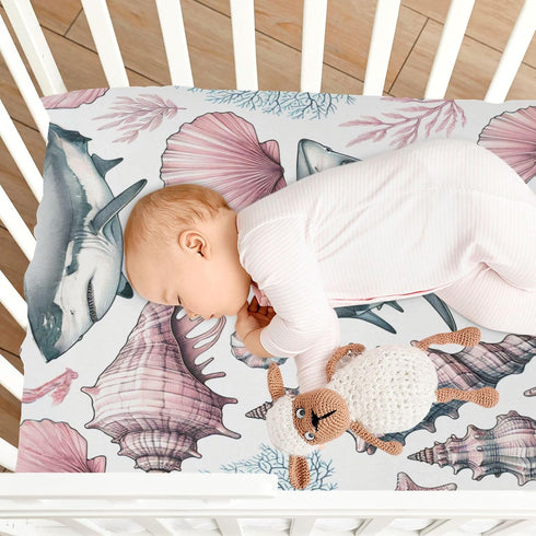 Burbuja 27 39 Fitted Crib Sheet for Girls and Boys, Pink Pastel Shells Sharks Soft Breathable Crib Sheet for Standard