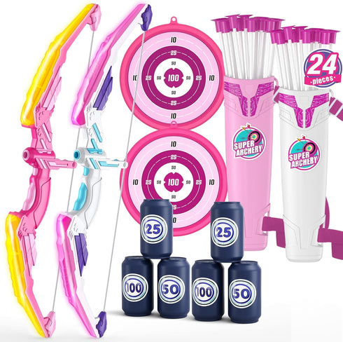 2 Pack Bow and Arrow for Kids, LED Light Up Archery Set with 24 Suction Cup Arrows and 2 Quivers for Indoor Outdoor