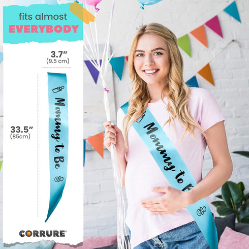 CORRURE Baby Shower Sash for Boy - 'Mommy to Be' with Blue Ribbon and Black Foil Text, Ideal for Gender Reveal
