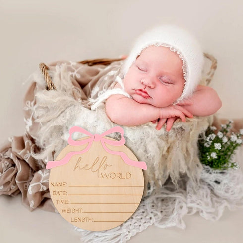 WAUAO Hello World Bow Wooden Baby Announcement Sign - Baby Girl Birth Announcement,Personalized Baby Name Sign,Bow