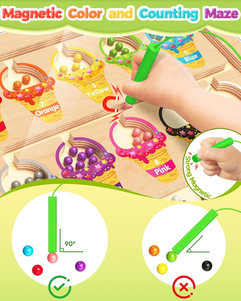 Kidific 2 3 4 2-4 Magnetic Color and Number Maze, Montessori Toys for Year Old, Wooden Color Matching Puzzle Board