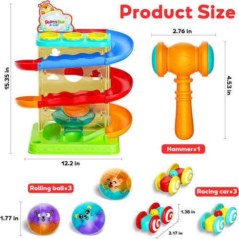 2-in-1 Hammer 1-5+ Rolling Ball & Car Ramp Race Track for Toddlers, Ball Drop Toy for Boys & Girls, Interactive Toys
