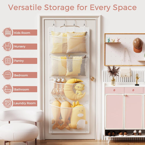 4 Criusia Stuffed Animal Storage, Over The Door Organizer with Mesh Pockets, Toy Organizers and Storage for Nursery