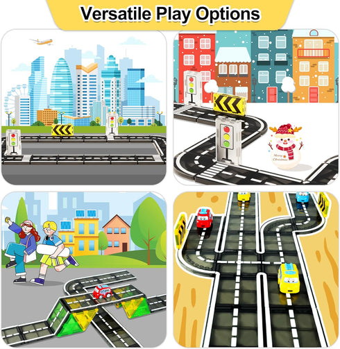 82pcs 3+Year Drofex Magnetic Tiles Road, Magnetic Building Blocks Construction Toys for Old Boys Girls, Kids Montessori