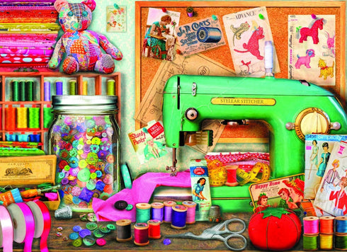 Bits and Pieces - 500 Piece Jigsaw Puzzle for Adults 18" X 24" - The Sewing Desk - Crafts Yarn Bear Patches Art Home 500 pc Jigsaw by Artist Aimee Stewart by Bits and Pieces