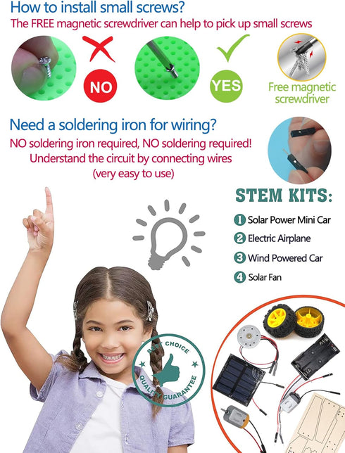 STEM 4 Set Solar Motor Kit, Electric Science Experiment Projects, Educational Building Car Kit for Kids
