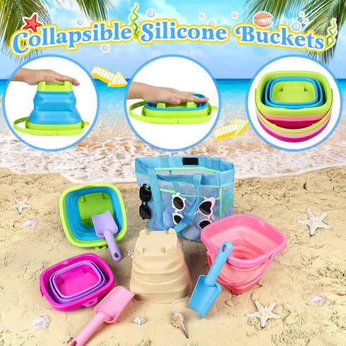 Collapsible Beach Buckets for Kids, Foldable Sand Buckets and Shovels with Mesh Bag, Silicone Sand Pails Travel Beach