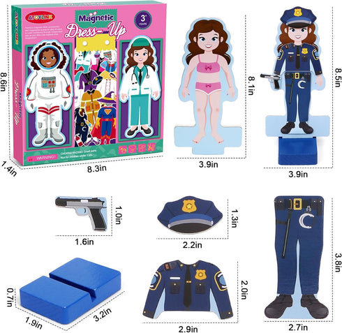 Atoylink Wooden Magnetic Dress Up Dolls for Girls, Pretend Play Set, Princess/Witch/Occupations Matching Games
