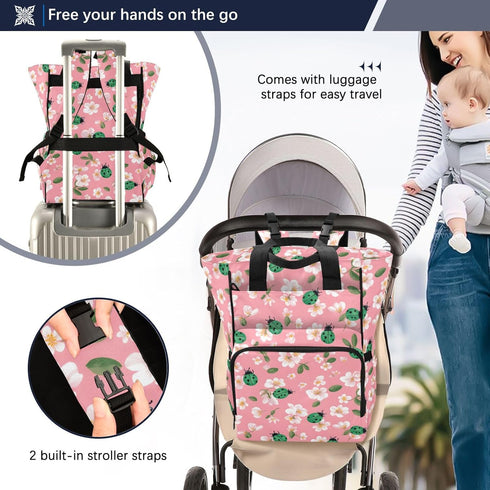 SUABO Backpack White Flowers Green Ladybugs Pattern Baby Diaper Bag Large Bag Waterproof Travel Diaper Bags for Moms