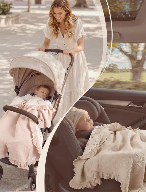 100% 40"x36"(Pink lulumoon Muslin Ruffle Baby Blanket - Soft Breathable Cotton Newborn Wrap for Stroller Travel & Car
