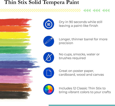 Kwik Stix Solid Tempera Paints, Thin Stix Paint Pens - 12 Classic Colors for Children, 12 Pack - TPG-608