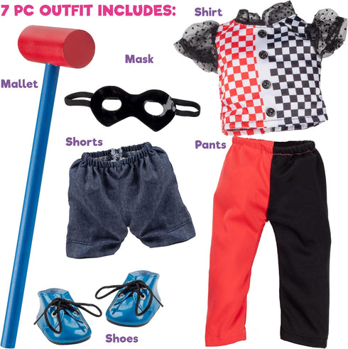 Harley Quinn Inspired Doll Outfit (7pc Set) - Super Hero Clothes for American Girl Doll - Gift Set for Girls