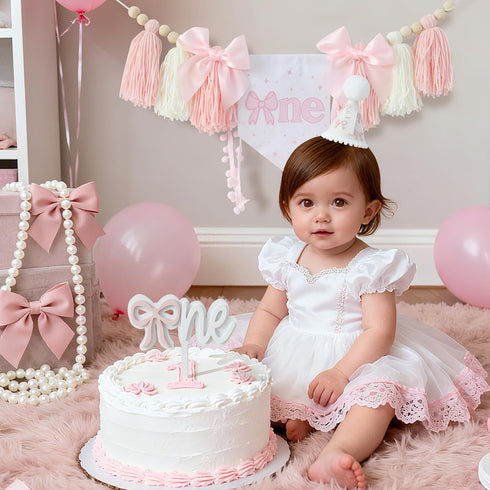 1st Pink Bow Birthday Highchair Banner Decorations Wood Bead Tassel Garland Cone Hat Wooden Cake Topper For Baby Girls
