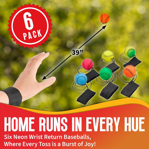 Neon Reactive Wrist Baseballs - 6 Pack Practice Sports Balls for Kids Outdoor Fun, Spring Training Party Favor Gift