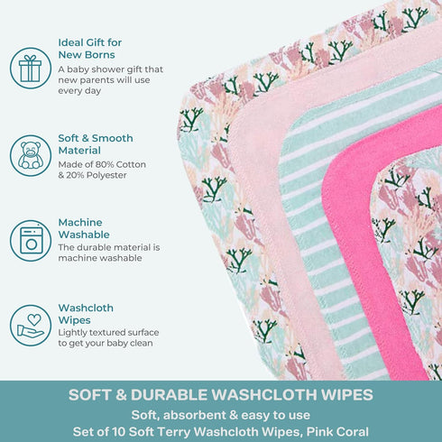Spasilk Soft Terry Washcloth Wipes Set, Pack of 10 for Newborn Boys and Girls, Pink Coral