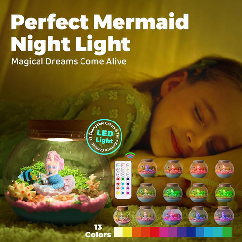 JOYEEMAX 4 5 6 7 8-12 Mermaid Light-Up Terrarium Kit for Kids - LED Night Light Birthday Gift for Girls Ages Year Old