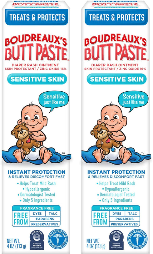 Boudreaux's Butt Paste for Sensitive Skin - Diaper Rash Cream, Ointment for Baby, 4 oz Tube, 2 Pack