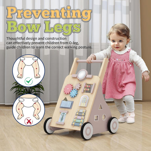 9+ Wooden Baby Walker, Baby Push Walker with Wheels Multiple Learning Activity Center Baby Walker Adjustable Height