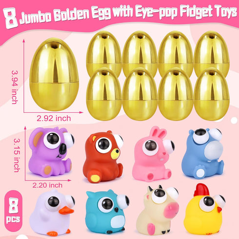 8 Pack Jumbo Golden Easter Eggs with Eye-Pop Fidget Toys Inside, Large Plastic Filled Easter Eggs for Easter Basket