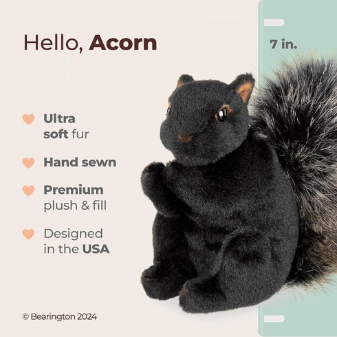 7" Bearington Acorn Black Plush Squirrel Stuffed Animal - Realistic Soft Squirrel Toy for Kids - Cuddly, Adorable